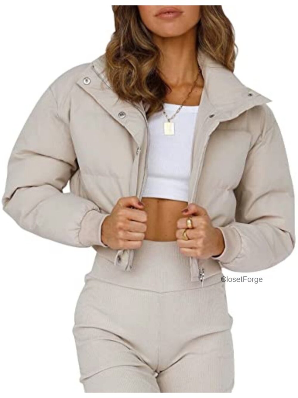 Cropped Puffer Jacket - Padded Long Sleeve Bubble Coat Winter Warm Puffy